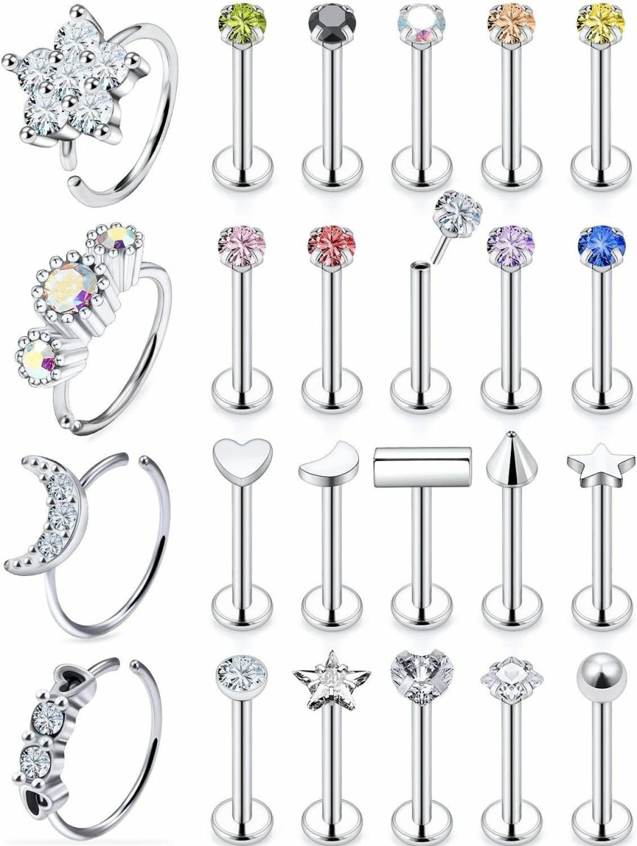 Best Yaalozei Yaalozei 18G 20G Silver Nose Rings Studs 316L Surgical Steel Hypoallgenic Cubic Zirconia Nose Ring Stud Body Piercing Jewelry For Women Men 18Pcs -24Pcs