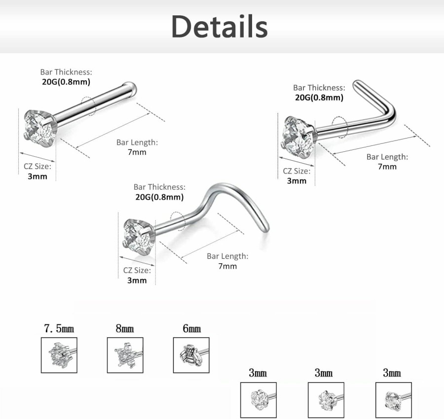 Hot ZS Zs 6Pcs Cz Nose Rings Studs - 20G Corkscrew Nose Stud, L Shaped Nose Rings For Women, Surgical Steel Nose Piercing Flower Nostril Jewelry