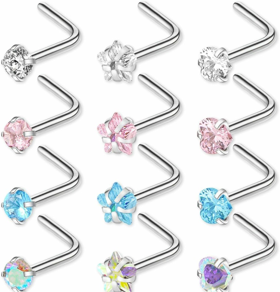 Hot Yolev Yolev 12Pcs Nose Rings Hypoallergenic Stainless Steel L-Shaped Nose Stud Screws With Cubic Zirconia Nose Piercing Jewellery For Women Men L Shape Czech Crystal Small Nose Piercing Set