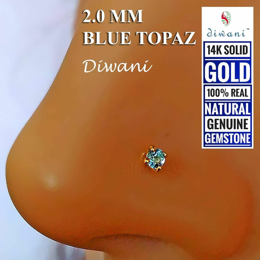 Clearance DIWANI Diwani 14K Gold 2.0Mm Natural Blue Topaz Gemstone Engagement Wedding Nose Lip Labret Monroe Body Piercing Ring Stud Pin Screw 0.030 Cents, Color- Aqua 18 Gauge Thick 8.0Mm Length Screw Back Post