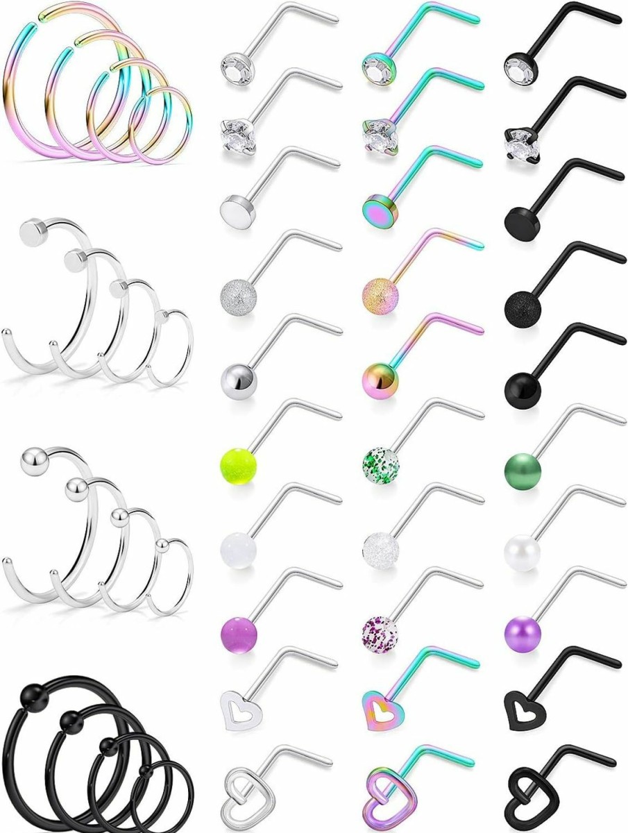 Best Prjndjw Prjndjw 20G Nose Ring Hoop Stainless Steel Nose Rings For Women Men Studs Piercings Hoop Jewelry 46Pcs L Shape/Curved Screw/Straight Bar Nose Rings Piercing Jewelry Mix Colour Rainbow