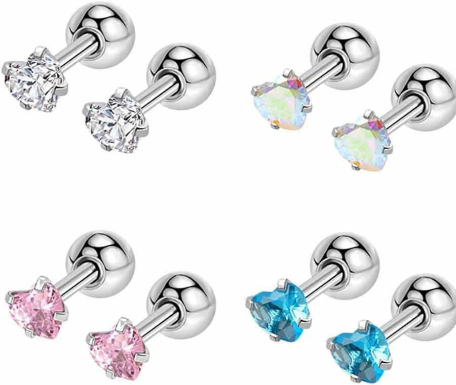 Hot Kokoma Kokoma 4 Pairs 16G Stainless Steel Stud Earrings Love Heart Multicolor Crystal Cubic Zirconia Star Cartilage Tragus Conch Piercing Helix Earrings Screw Back