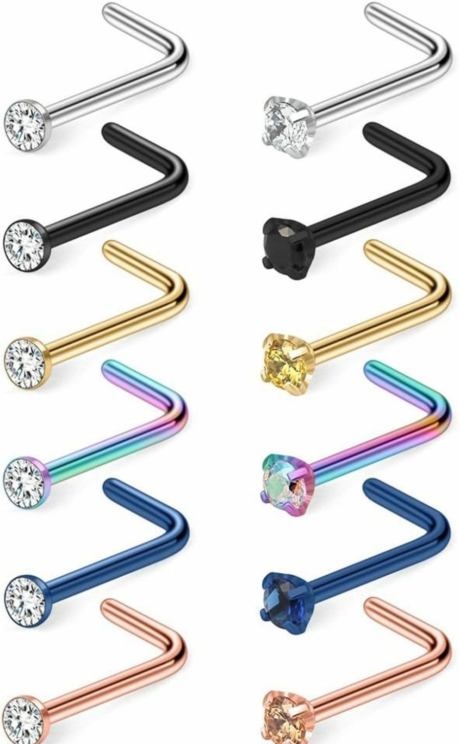 Wholesale Ruifan Ruifan 12Pcs 18G Mix Color Stainless Steel Clear Diamond Cz Nose Studs Rings L Shaped Piercing Jewelry 1.5Mm 2Mm 2.5Mm 3Mm