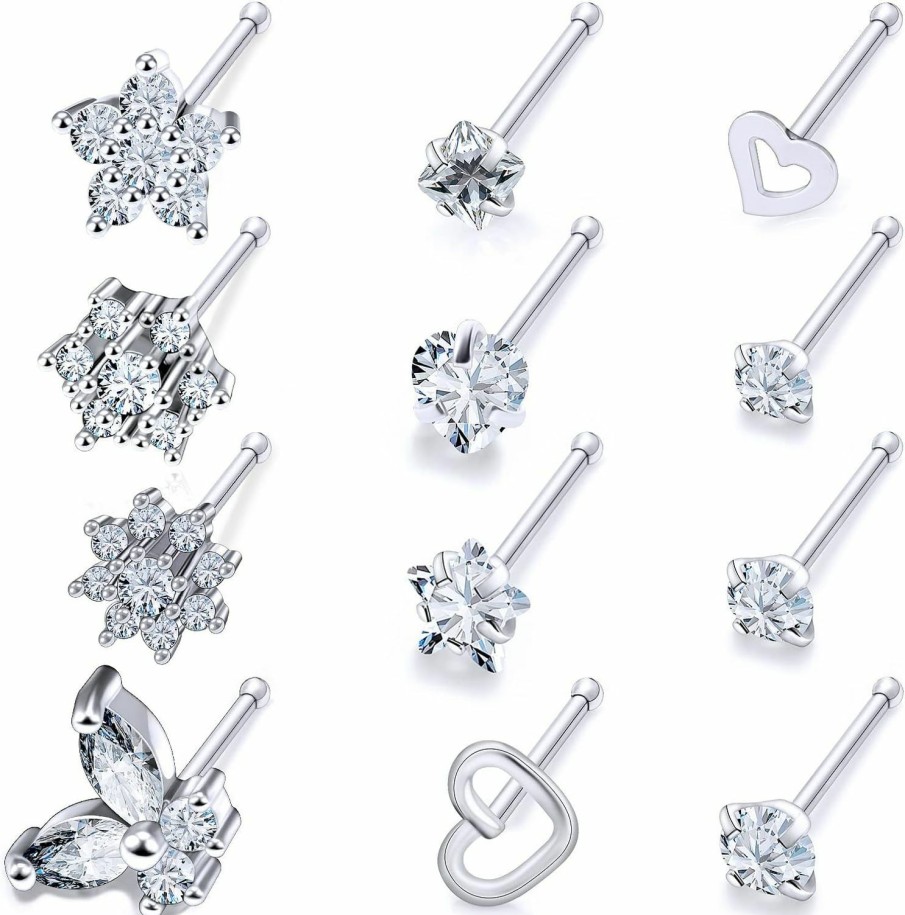 Wholesale Vsnnsns Vsnnsns 20G Nose Rings For Women 316L Surgical Stainless Steel L Shaped Nose Studs Screw Bone Butterfly Nose Rings Heart-Shaped Nose Studs Nostril Piercing Diamond Cz 2Mm 2.5Mm 3Mm Silver 12Pcs