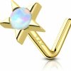 Hot COCHARM Cocharm 14K Real Gold Star Nose Stud 20G Yellow Gold Bone L Bend Nostril Nose Stud 7Mm Long Opal Nose Piercing 14Kt Real Gold Nose Stud Ring Hypoallergenic Press Fit Nose Jewelry