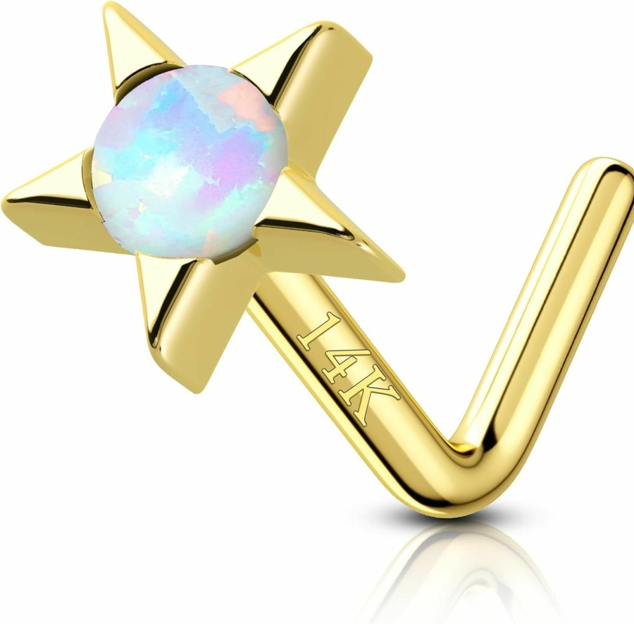 Hot COCHARM Cocharm 14K Real Gold Star Nose Stud 20G Yellow Gold Bone L Bend Nostril Nose Stud 7Mm Long Opal Nose Piercing 14Kt Real Gold Nose Stud Ring Hypoallergenic Press Fit Nose Jewelry