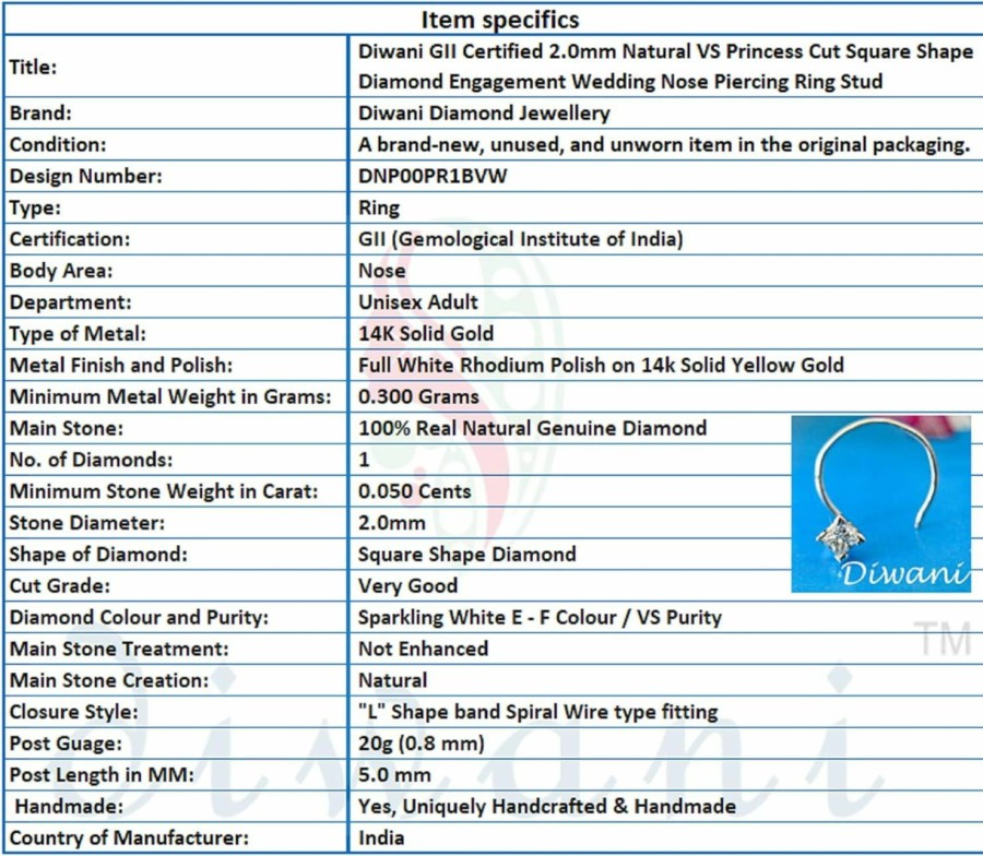 Online DIWANI Diwani 14K Gold Gii Certified 2.0Mm Natural Vs Princess Cut Square Shape Diamond Engagement Wedding Nose Piercing Ring Stud Pin 0.050 Cents, G/H Color 20 Gauge Thick 5.0Mm Length Spiral Wire Post