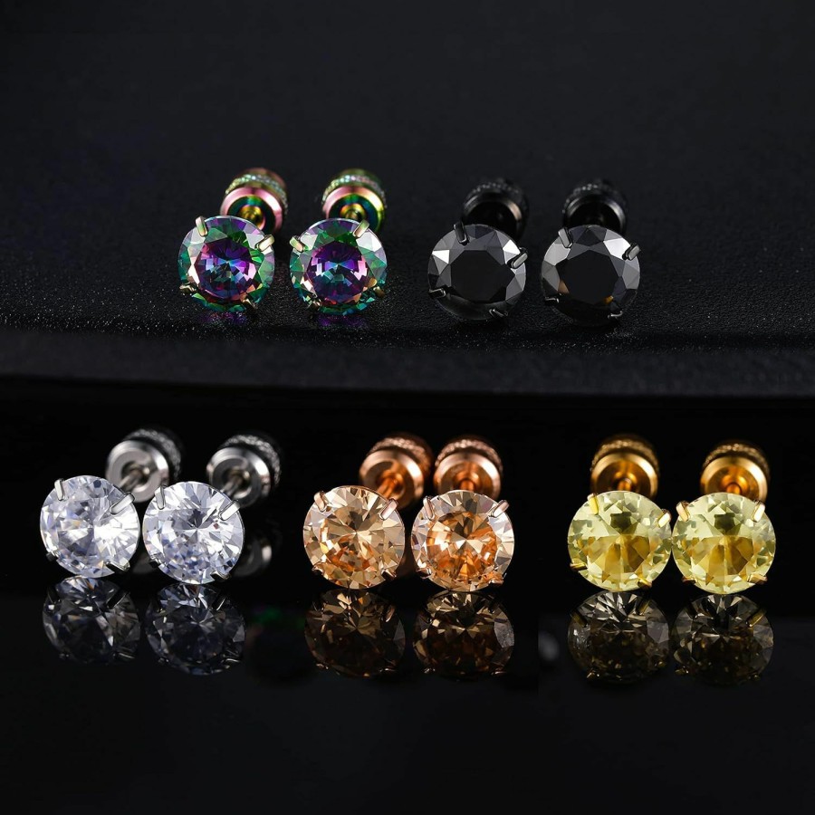 Best VOLUKA Pack Of Titanium Colorful Cubic Zirconia Screw Back Earrings Hypoallergenic For Sensitive Ears