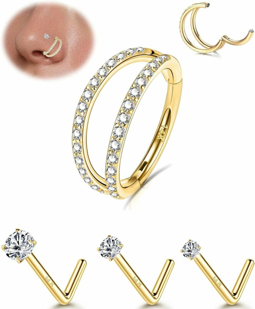 Best Purbeaut Purbeaut 4Pcs 16G/20G Gold Nose Hoop Nose Studs 316L Surgical Steel Double Hoop Nose Ring Gold Nose Ring L Shape Screw Nose Rings Studs 1.5/2/3Mm Cz Sets For Women