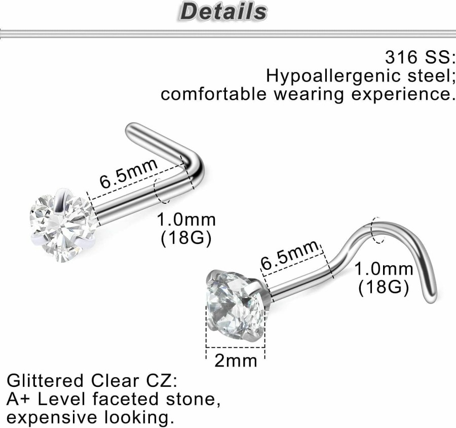 Clearance Yaalozei Yaalozei 18G 20G Nose Rings Studs Nose Hoops 316L Surgical Steel Straight Screw L Shaped Nose Stud Heart Star Cz Shaped Nose Rings Stud Piercing Jewelry For Women Men Silver Tops Size 2Mm-3Mm