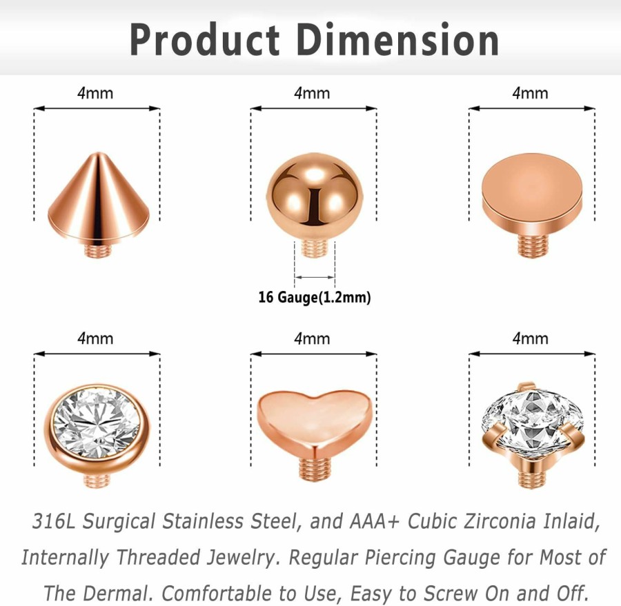 Wholesale BodyAce Bodyace 16G Crystal Micro Dermal Tops, Stainless Steel Dermal Base, Rose Gold Dermal Anchor Tops For Women Men, Skin Piercing Tops 3Mm 4Mm Dermal Piercing Jewelry