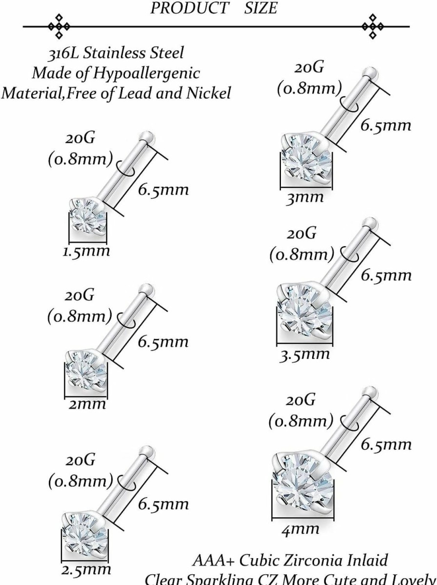 New Vsnnsns Vsnnsns 18G 20G 22G Nose Rings For Women 316L Surgical Stainless Steel L Shaped Nose Studs Screw Bone Opal Nose Rings Nostril Piercing Diamond Cz 1.5Mm 2Mm 2.5Mm 3Mm 3.5Mm 4Mm Silver 20Pcs