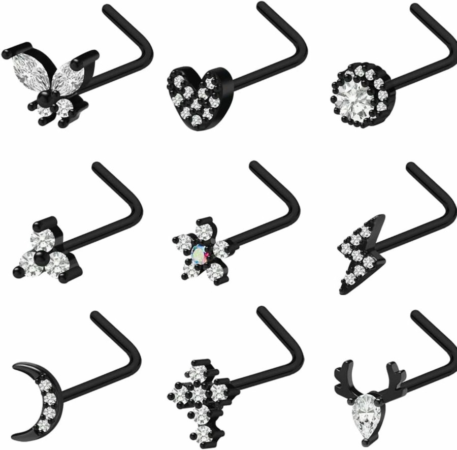 Online Pierstyles Pierstyles 20G Nose Ring Studs For Women Men Black 316L Stainless Steel Flower Heart Cz Nose Ring L Shaped Nose Screw Studs Set Nostril Nose Piercing Jewelry