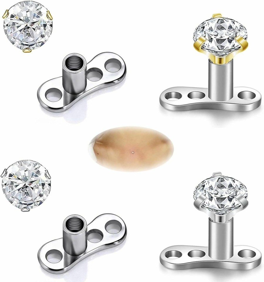 New ZS Zs 4Pcs 14G Surgical Steel Cubic Zirconia Dermal Anchor Tops And Base Microdermals Piercing