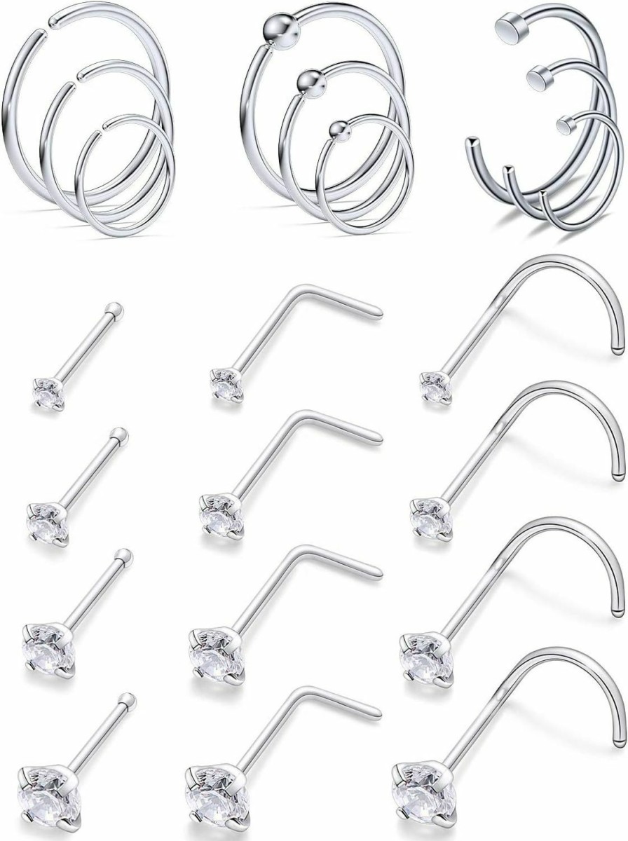 Clearance Hoeudjo Hoeudjo 18G 20G 22G L Shaped Nose Ring Studs Round Diamond Cz For Women Stainless Steel 1.5Mm 2Mm 2.5Mm 3Mm Nose Screw Studs Rings Hoop Piercings Set Body Jewelry Hypoallergenic 21 Pieces