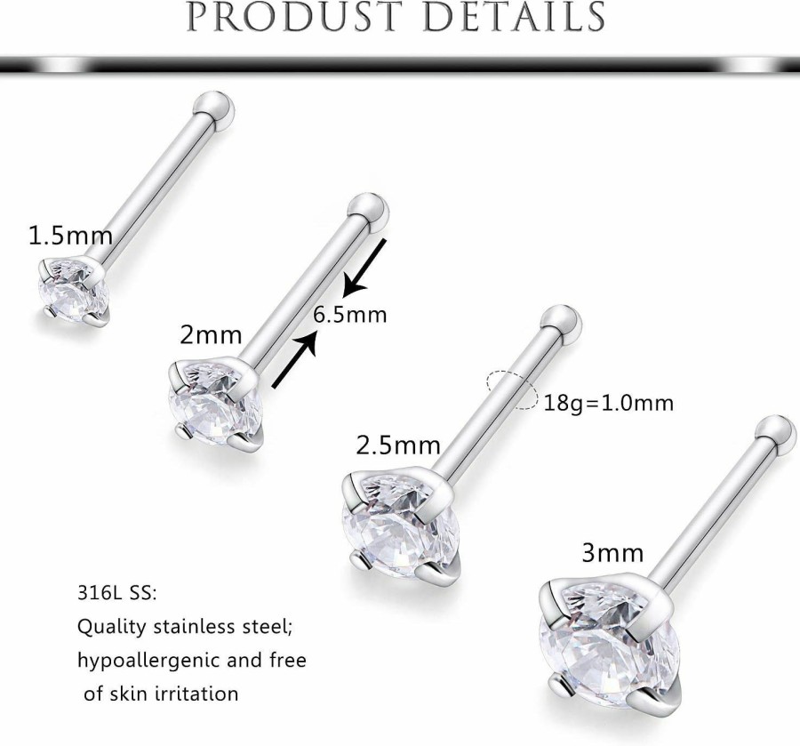 Clearance Hoeudjo Hoeudjo 18G 20G 22G L Shaped Nose Ring Studs Round Diamond Cz For Women Stainless Steel 1.5Mm 2Mm 2.5Mm 3Mm Nose Screw Studs Rings Hoop Piercings Set Body Jewelry Hypoallergenic 21 Pieces