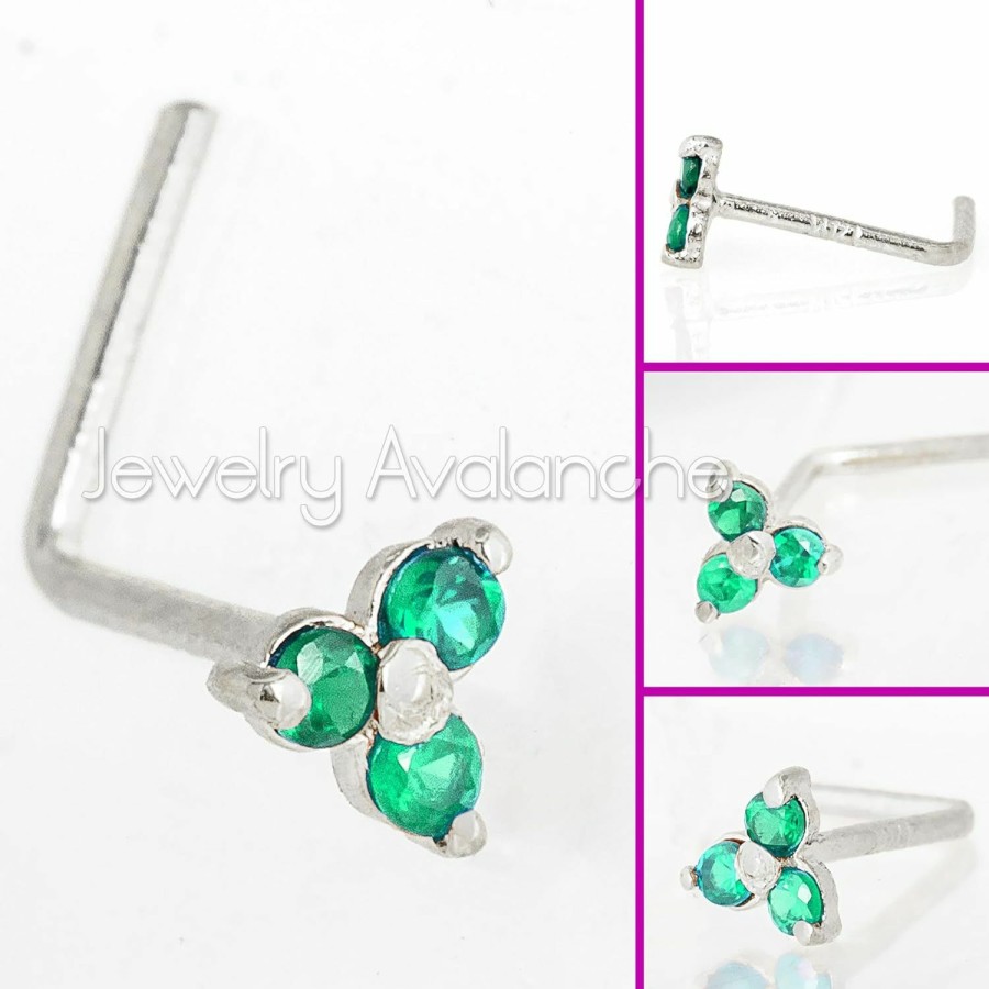 Hot Jewelry Avalanche Jewelry Avalanche 22G Solid 14K Gold 3-Stone 0.030Ctw Emerald Nose Stud - Nose Bone/L-Shape/Nose Screw Stud Nose Ring - May Birthstone Nose Stud