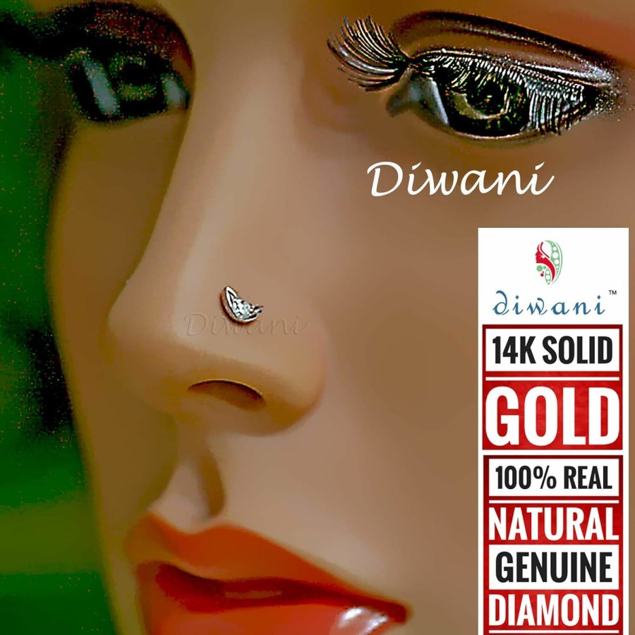 Clearance DIWANI Diwani 14K Gold Gii Certified Natural Vs Diamond Moon Shape Engagement Nose Lip Labret Monroe Piercing Ring Stud Screw Pin 0.30 Cents, G/H Colour 18 Gauge Thick 8.0Mm Length Screw Back Post