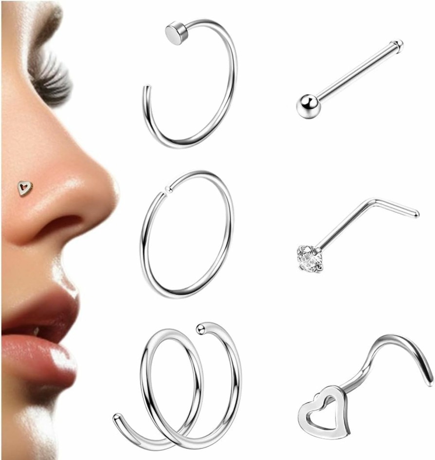 Wholesale Subiceto Subiceto 6Pcs G23 Titanium 20G Nose Rings Hoop Studs For Women Men L Shaped Screw Nose Studs Cartilage Earrings Nostril Piercing Jewelry