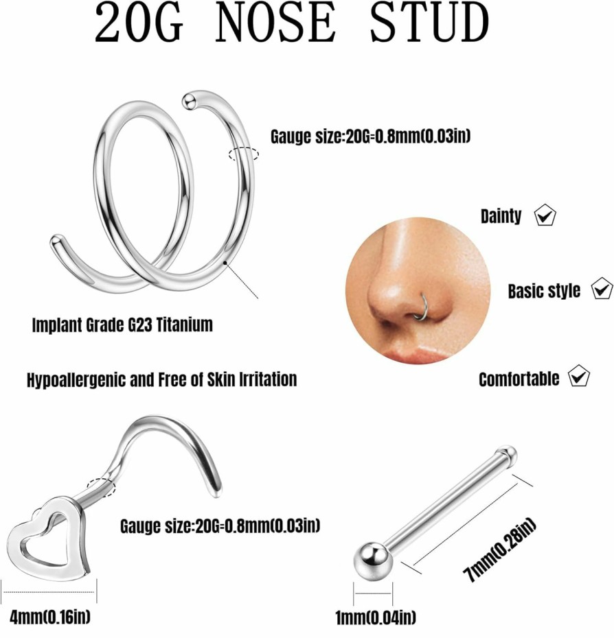 Wholesale Subiceto Subiceto 6Pcs G23 Titanium 20G Nose Rings Hoop Studs For Women Men L Shaped Screw Nose Studs Cartilage Earrings Nostril Piercing Jewelry