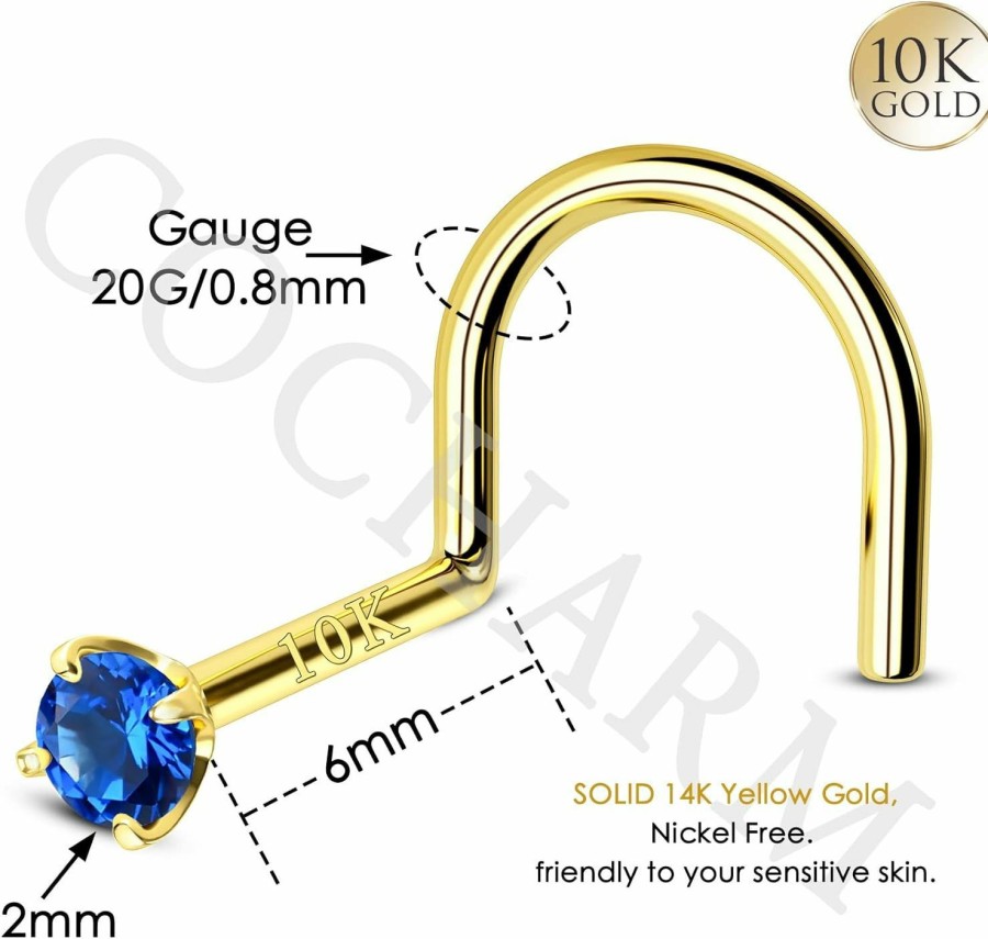 New COCHARM Cocharm 10K Solid Gold Clear Cz Nose Stud 20G 10K Yellow Gold Nose Screw Nose Rings Hypoallergenic S Shape Nose Piercing For Women Men