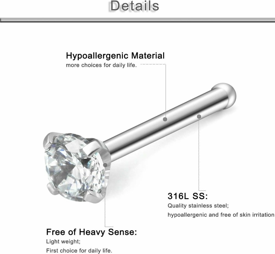 Best Yaalozei Yaalozei 20G Nose Rings Stud 316L Surgical Steel Cubic Zirconia Nose Stud Nose Bone Pin Nose Ring Stud Piercing Jewelry Cz Size 1.5Mm 2Mm 2.5Mm 3Mm