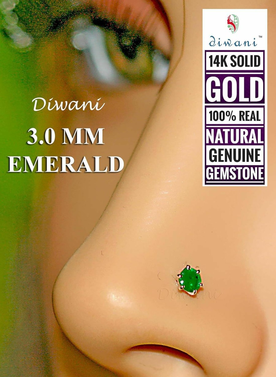 Clearance DIWANI Diwani 14K Gold 3.0Mm Natural Emerald Gemstone Engagement Wedding Nose Lip Labret Monroe Body Piercing Ring Stud Pin Screw (0.120 Cents, Color- Green) 18 Gauge Thick 8.0Mm Length Screw Back Post