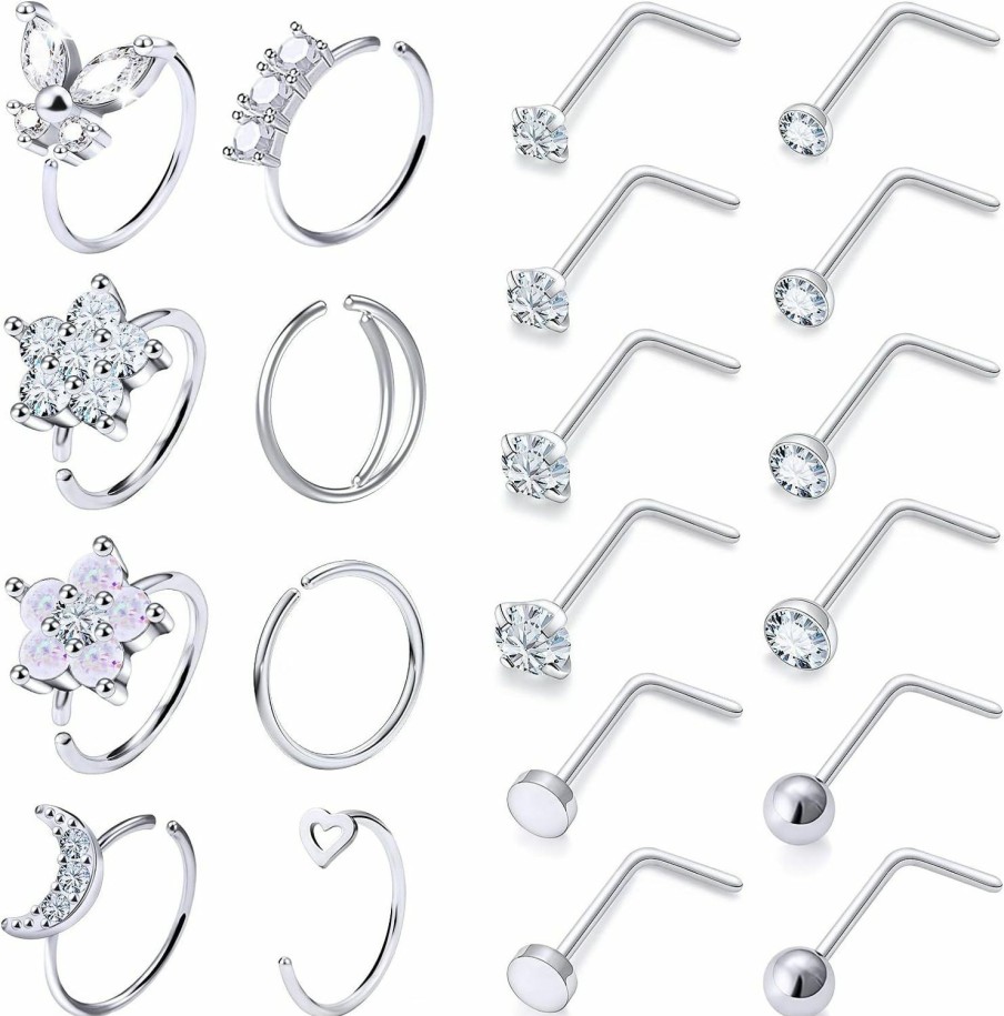 Online Vsnnsns Vsnnsns 18G Nose Rings For Women Surgical Steel Nose Rings Hoops L Shaped Nose Studs Opal Nose Hoop Rings 1.5Mm 2Mm 2.5Mm 3Mm Diamond Cz Nose Ring Piercing Jewelry Silver Black Rose Gold 15-20Pcs