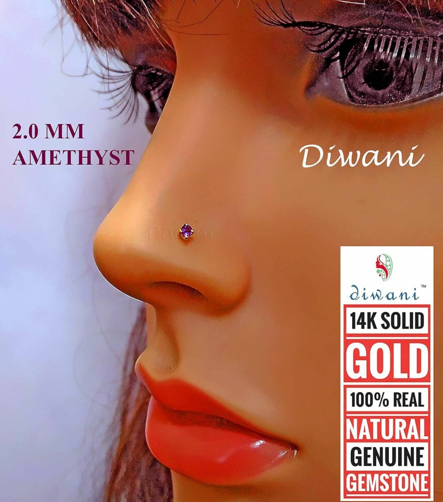 Hot DIWANI Diwani 14K Gold 2.0Mm Natural Amethyst Gemstone Engagement Wedding Nose Lip Labret Monroe Body Piercing Ring Stud Pin Screw (0.030 Cents, Color- Purple) 18 Gauge Thick 8.0Mm Length Screw Back Post