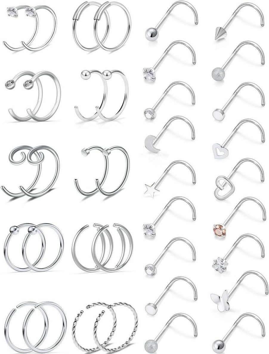 Hot Vsnnsns Vsnnsns 20G Nose Rings For Women Stainless Steel Bone L Shaped Nose Studs Screw Opal Nose Rings Cz Heart Nose Ring Hoop Nose Rings Studs Hoop Piercings Jewelry For Women Men 26-38Pcs