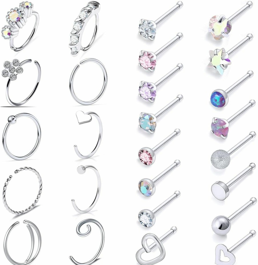 Hot Vsnnsns Vsnnsns 20G Nose Rings For Women Stainless Steel Bone L Shaped Nose Studs Screw Opal Nose Rings Cz Heart Nose Ring Hoop Nose Rings Studs Hoop Piercings Jewelry For Women Men 26-38Pcs