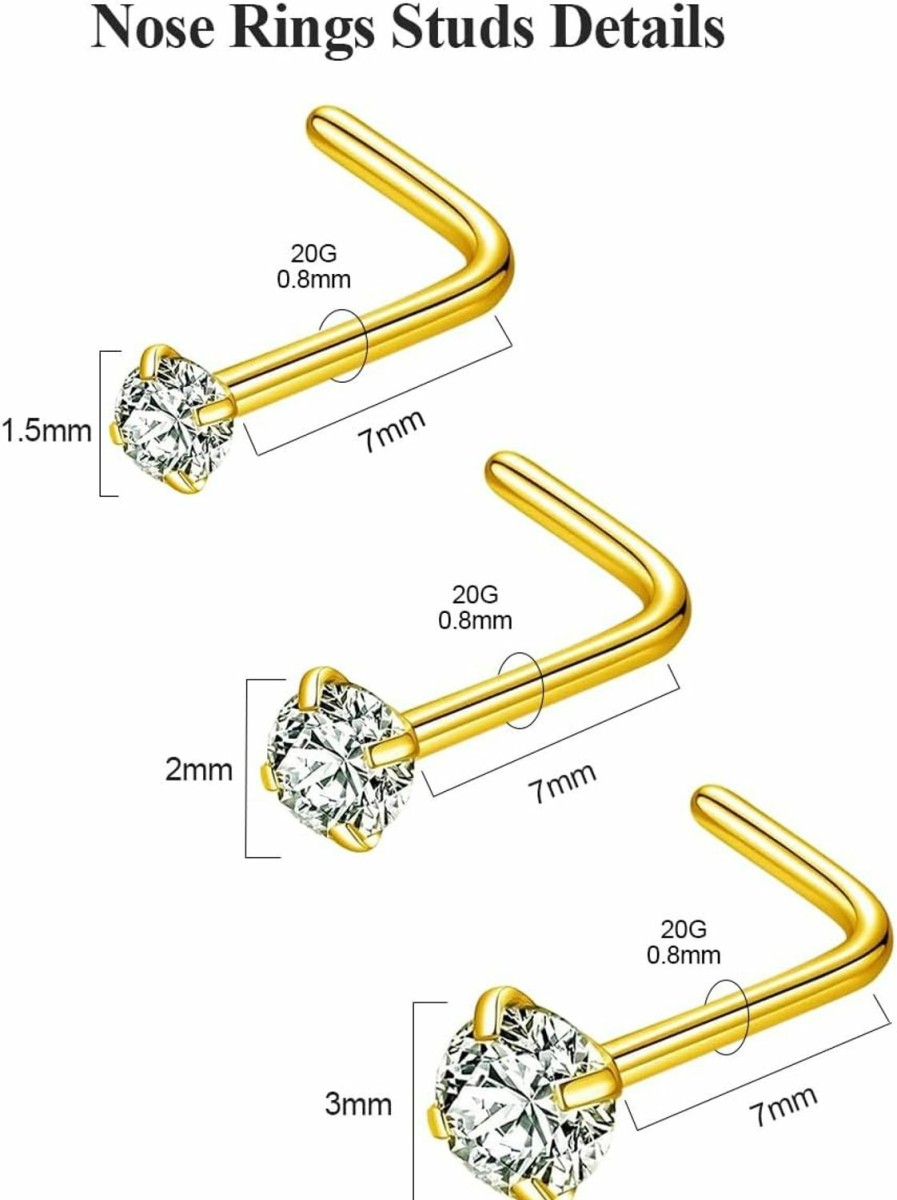 Clearance Purbeaut Purbeaut 4Pcs 16G/20G Nose Rings Hoops Nose Studs 316L Surgical Stainless Steel Nose Ring Gold Nose Ring L Shape Nose Rings Studs 1.5/2/3Mm Cz Sets For Women Men