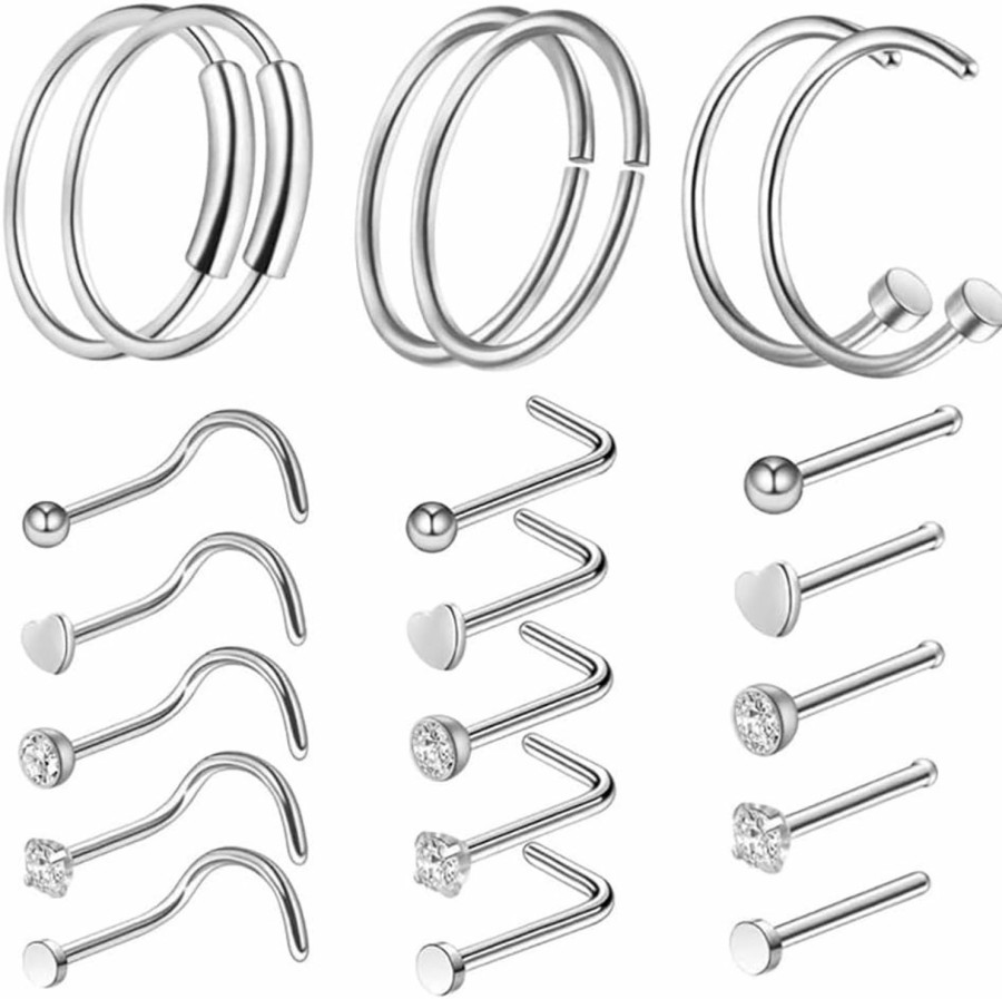 Clearance Niaspi Niaspi 21Pcs 20G Nose Rings For Women Girls Surgical Steel Nose Rings Hoops L-Shape Nose Studs Screw Nostril Hypoallergenic Nose Body Piercing Jewelry