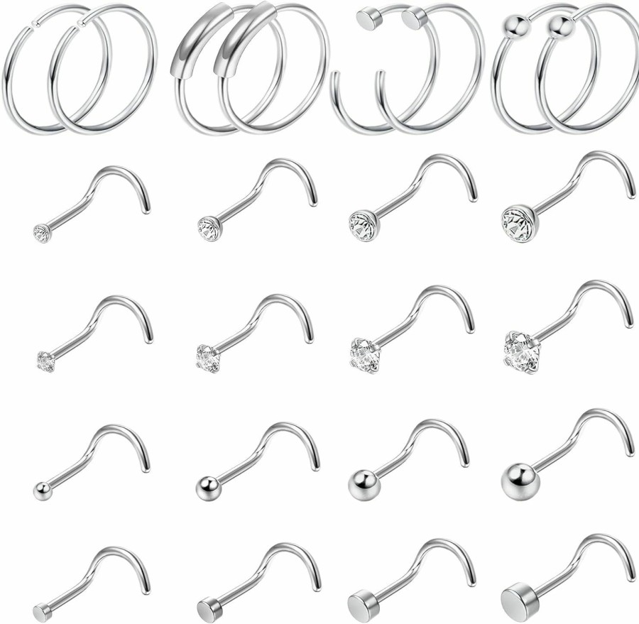 Clearance ZZHDCC Zzhdcc 24 Pcs 20G 22G Nose Rings Studs L Shaped Nose Studs 316L Surgical Stainless Steel Nose Rings Hoops Cartilage Piercing Jewelry Birthday Gifts Silver Nose Ring Set For Women Men 1.5Mm-3.0Mm Cz