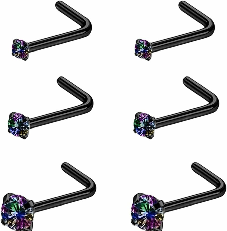 Best 6ixGosh 6Ixgosh 4-6Pcs 20G Nose Rings Studs Surgical Steel Nose Rings Cz L Shaped Corkscrew Nose Ring Studs For Women Men Small Cute Silver Rose Gold Black Nose Rings Stud 1.5Mm 2Mm 2.5Mm 3Mm Nostril Piercing Jewelry