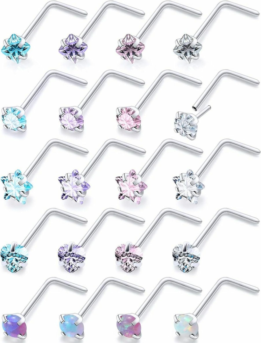 Best Vsnnsns Vsnnsns 18G 20G Threadless Push In Nose Rings For Women 316L Surgical Stainless Steel L Shaped Nose Studs Screw Bone Nose Rings Piercings Opal Nostril Piercing Jewelry Diamond Cz 2Mm Silver 20Pcs