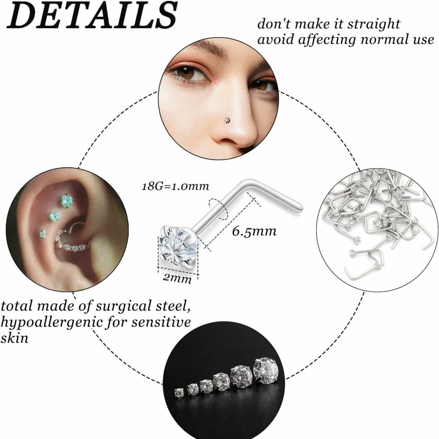 Best Vsnnsns Vsnnsns 18G 20G Threadless Push In Nose Rings For Women 316L Surgical Stainless Steel L Shaped Nose Studs Screw Bone Nose Rings Piercings Opal Nostril Piercing Jewelry Diamond Cz 2Mm Silver 20Pcs