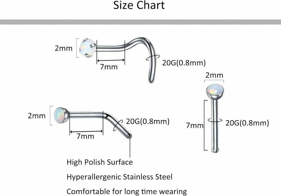 Wholesale Oveta Oveta 20G Nose Studs Stainless Steel Nose Ring Studs L Shape Screw Bone Nostril Piercing Jewelry For Women With Opal Top Jewelry 2Mm