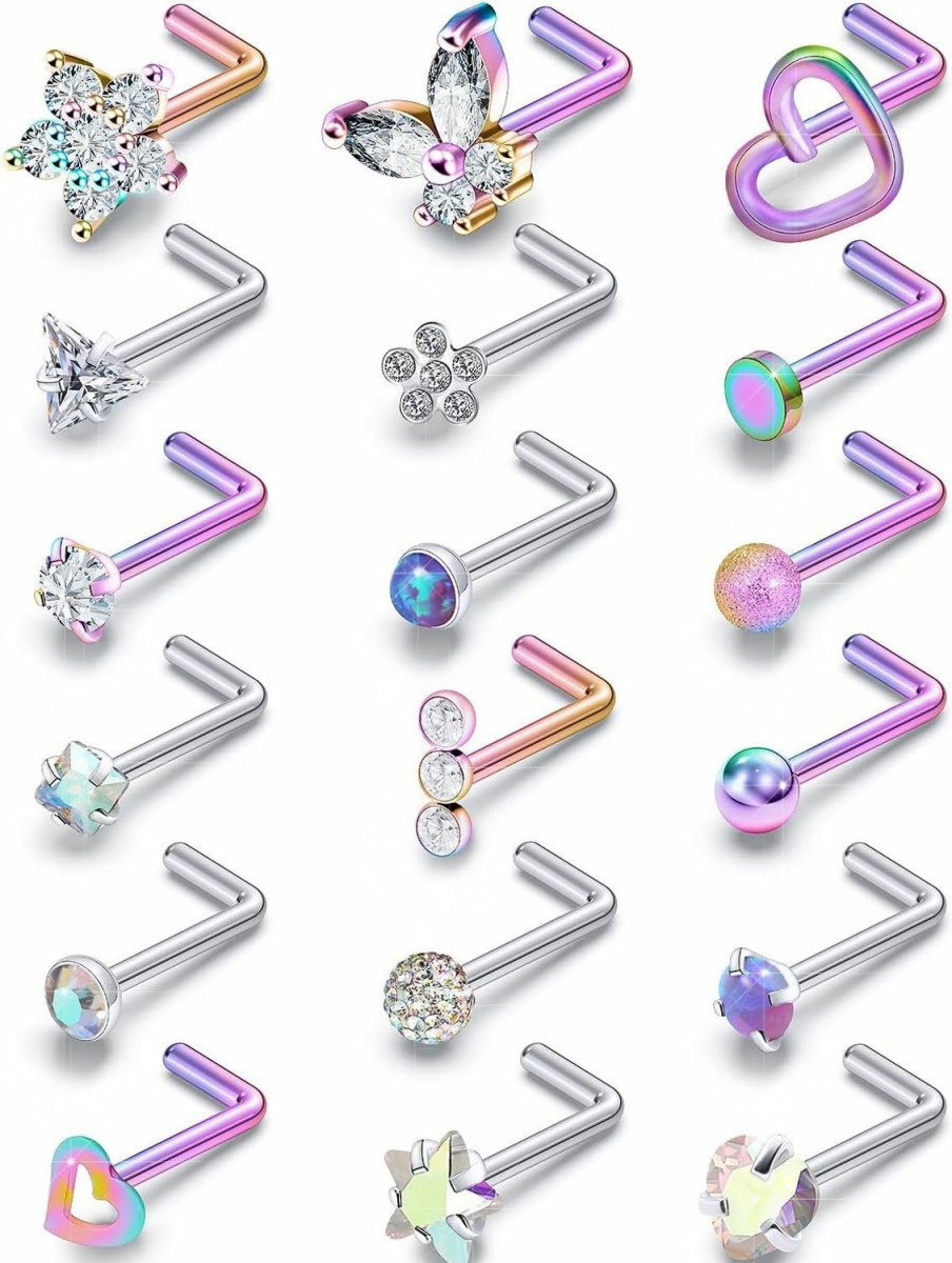 Hot Gadeaila Gadeaila Nose Rings Surgical Steel Nose Ring 20G Nose Studs Hypoallergenic Cute Flat Opal Flower Diamond Heart Nose Ring Straight L Shaped Purple,Pink,Black,Silver Nose Ring For Women Men Gift