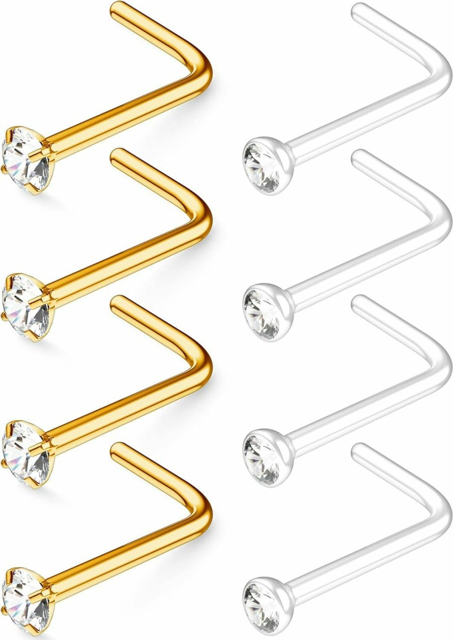 Wholesale Belatti Belatti 8Pcs 20G Diamond Nose Rings Surgical Steel & Clear Nose Studs - Hypoallergenic Nose Stud L Shape (Choose Color)