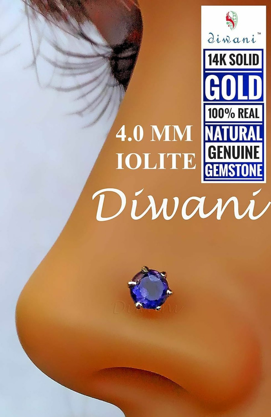 New DIWANI Diwani 14K Gold 4.0Mm Natural Iolite Gemstone Engagement Wedding Nose Lip Labret Monroe Body Piercing Ring Stud Pin Screw (0.230 Cents, Color- Blue) 18 Gauge Thick 8.0Mm Length Screw Back Post