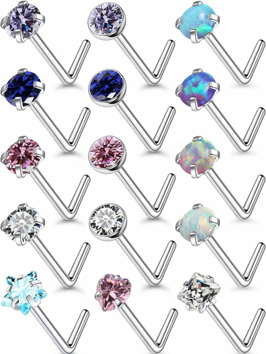 Online Qiwnswoy Qiwnswoy 15 Pcs 18G 20G Surgical Steel Nose Rings Studs For Women Opal Nose Rings Diamond Cz Nose Studs L Shaped Nose Nostril Piercing Jewelry Hypoallergenic