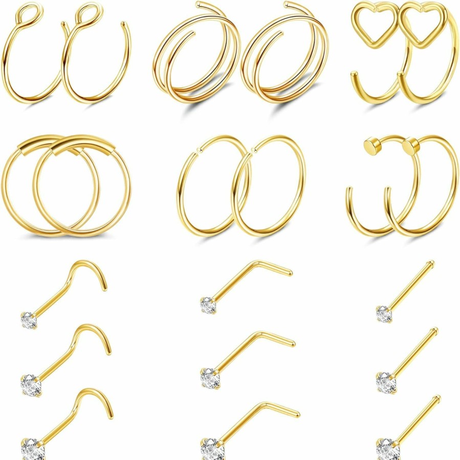 Clearance Besteel Besteel 21Pcs 22G Nose Rings Hoops 20G Surgical Steel Nose Studs Nostril Nose Piercings Jewelry For Women Men Heart Double Nose Ring Hoop For Single Piercing 1.5Mm 2Mm 2.5Mm Cz