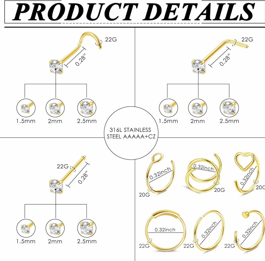 Clearance Besteel Besteel 21Pcs 22G Nose Rings Hoops 20G Surgical Steel Nose Studs Nostril Nose Piercings Jewelry For Women Men Heart Double Nose Ring Hoop For Single Piercing 1.5Mm 2Mm 2.5Mm Cz