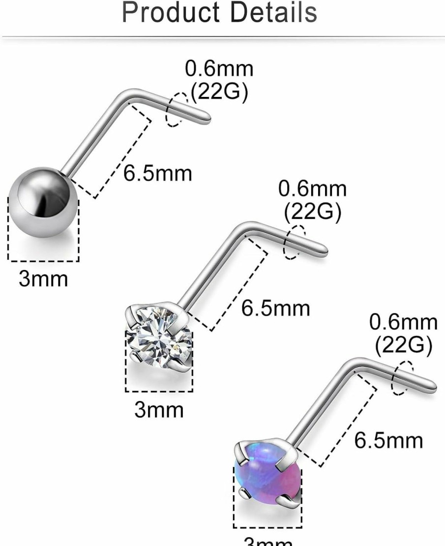 Clearance Cisyozi Cisyozi 22G 20G 18G Titanium Nose Rings Hypoallergenic L Shaped Nose Rings Studs For Women Men Cz Opal Heart Square Nose Rings Piercings Jewelry For Sensitive Skin