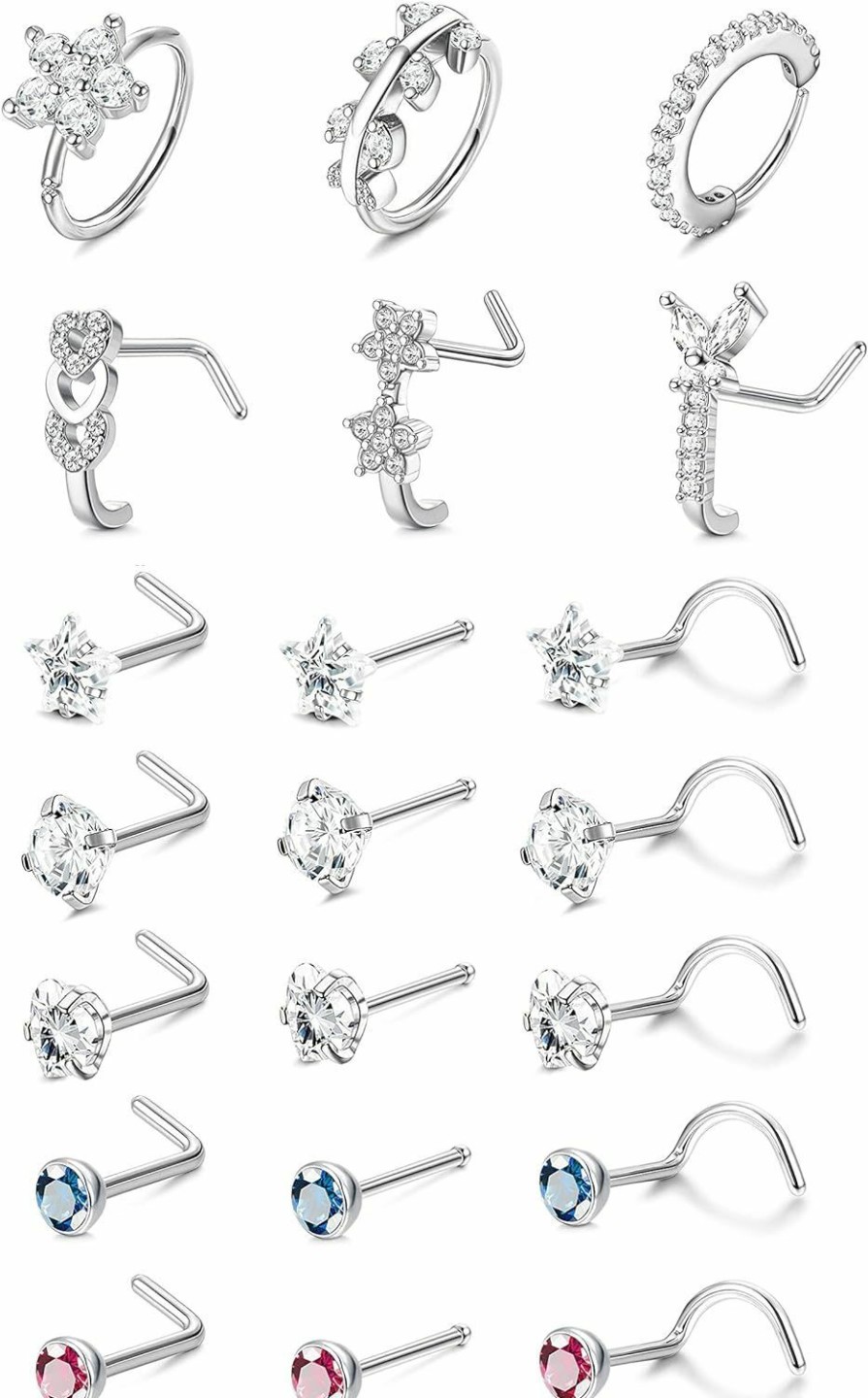 Online ZZHDCC Zzhdcc 20 Gauge Surgical Steel Nose Rings For Women Men L Shaped Nose Rings Studs Set Star Heart Round Cz Butterfly Nose Rings Hoops Nostril Lip Cartilage Hoop Nose Piercing Jewelry 21Pcs