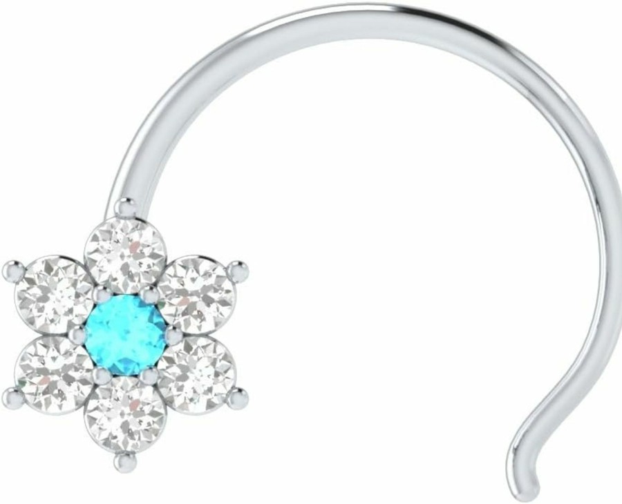 Clearance Animas Jewels Animas Jewels Dgla Certified 14K White Gold Flower Nose Pin Ring For Women 0.08 Cttw Natural Diamond (G-H Color. Si Clarity) And Blue Topaz Round Cut Single Prong Setting