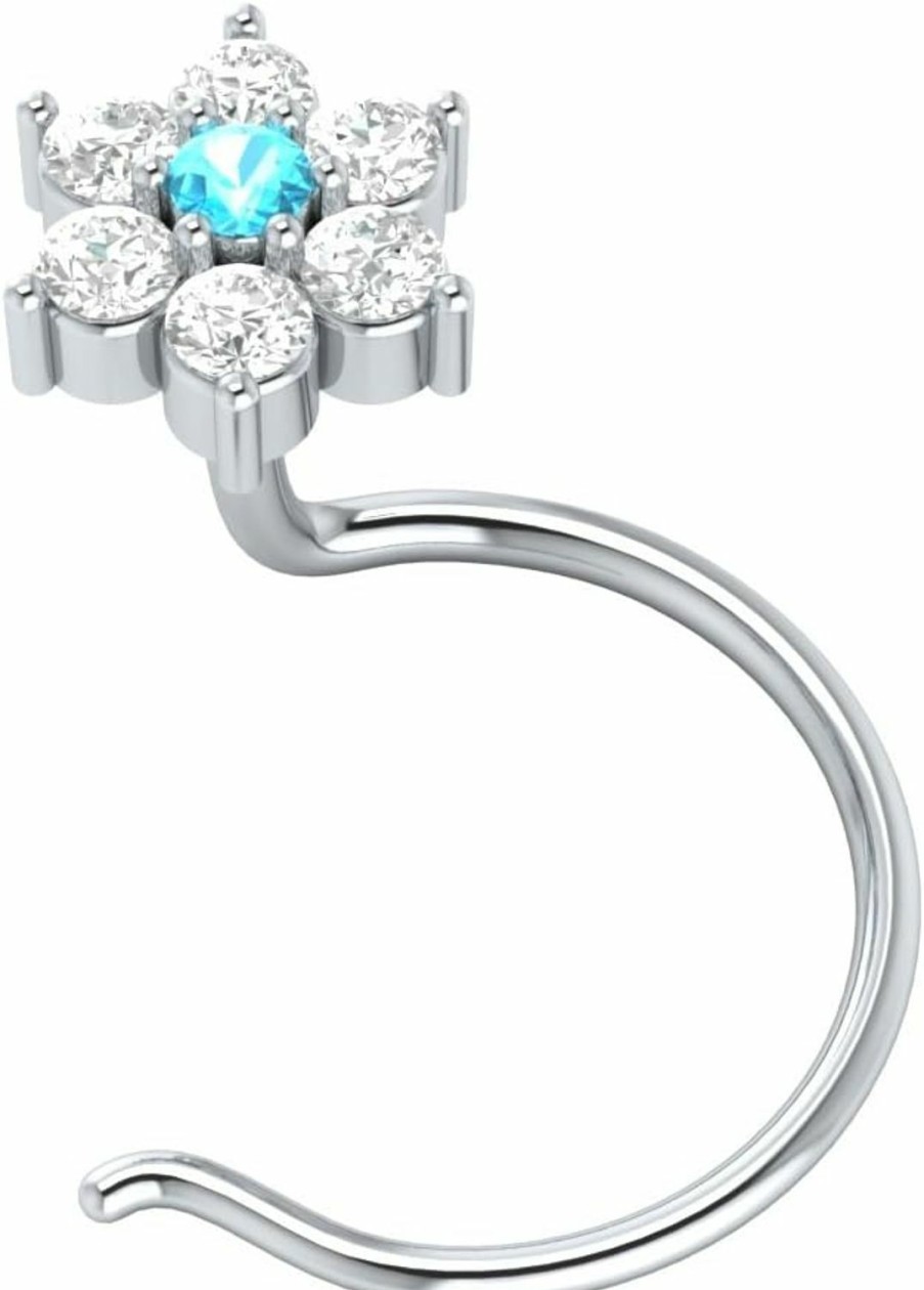 Clearance Animas Jewels Animas Jewels Dgla Certified 14K White Gold Flower Nose Pin Ring For Women 0.08 Cttw Natural Diamond (G-H Color. Si Clarity) And Blue Topaz Round Cut Single Prong Setting