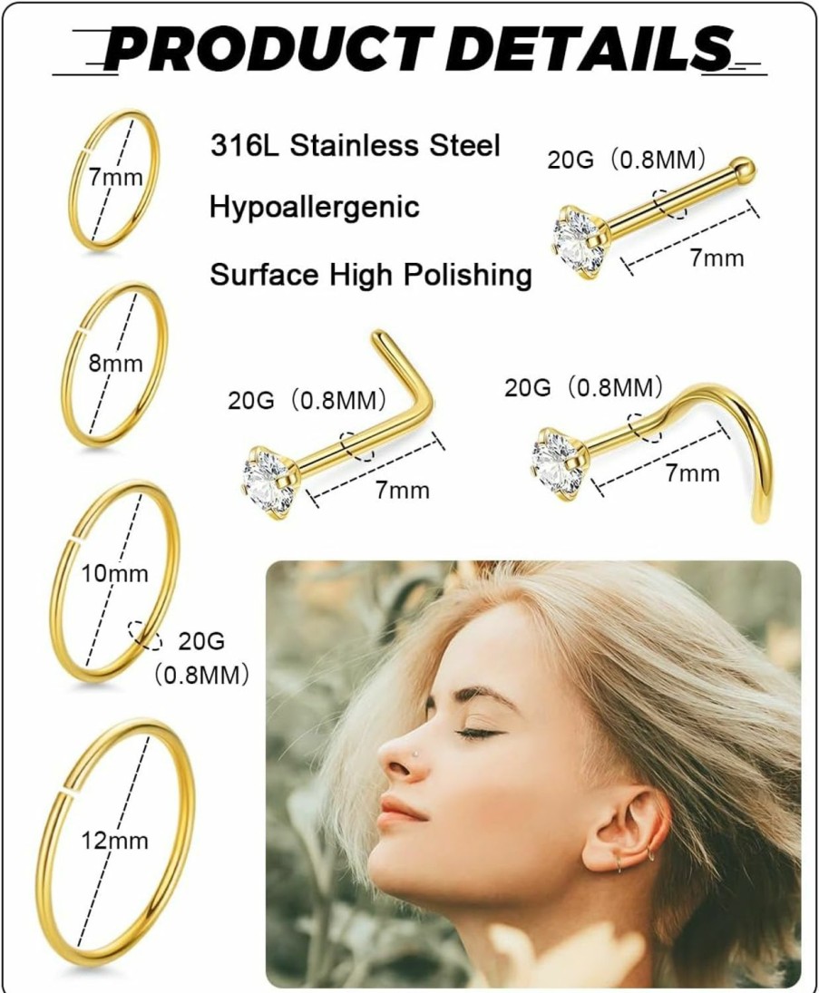 Best Vegolita Vegolita 14Pcs 20G 316L Stainless Steel Nose Rings For Women Men 2Mm 3Mm Cubic Zirconia Nose Stud L-Shape Bone Screw Nose Piercing Jewelry