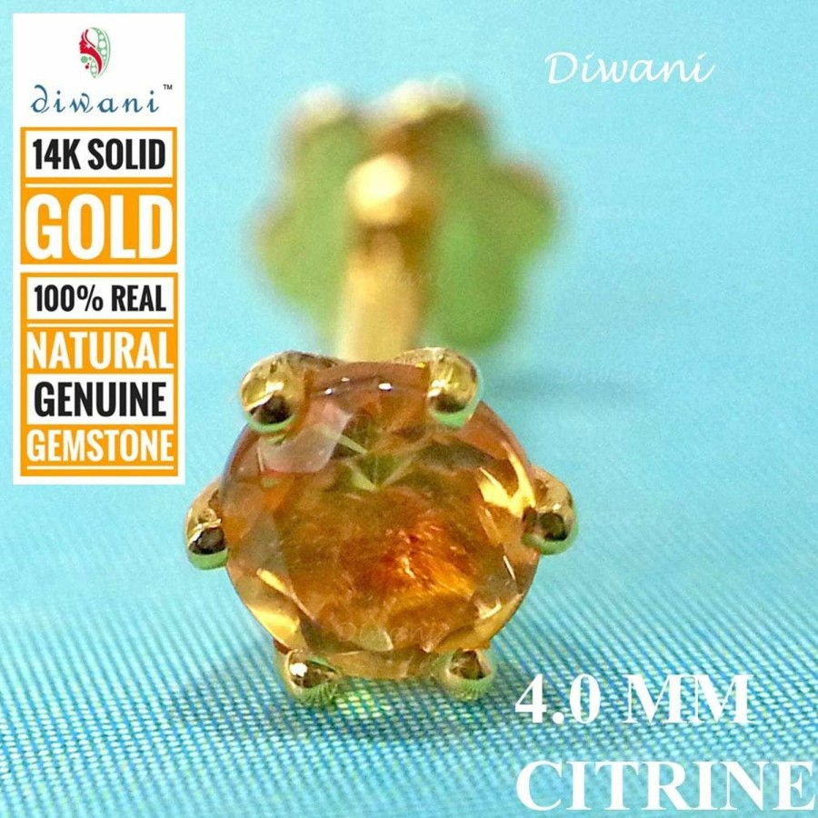 Online DIWANI Diwani 14K Gold 4.0Mm Natural Citrine Gemstone Engagement Wedding Nose Lip Labret Monroe Body Piercing Ring Stud Pin Screw (0.230 Cents, Color- Yellow) 18 Gauge Thick 8.0Mm Length Screw Back Post